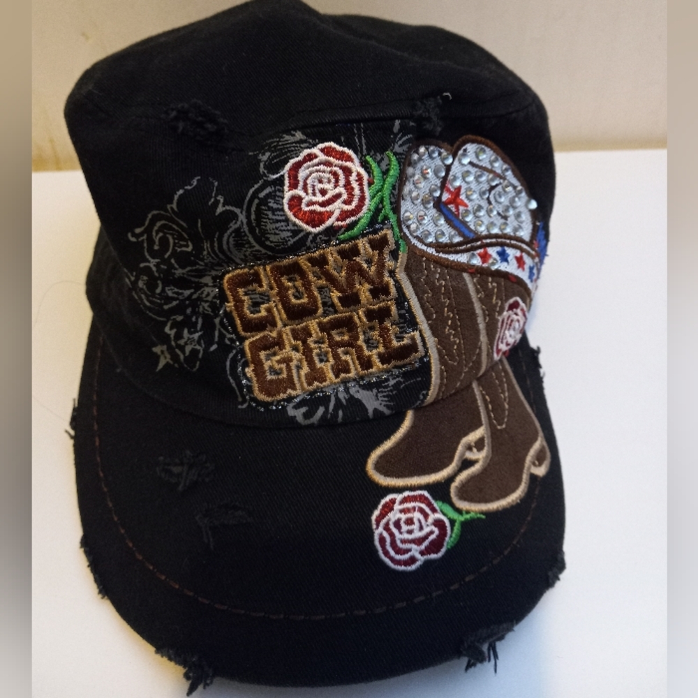Leader LOGA Rhinestone Black Womens Hat Cap Adj Stitched Distressed Cowgirl Boot